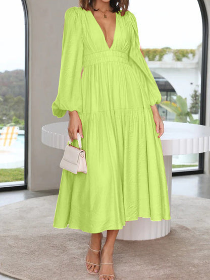 Deep V-Neck Balloon Sleeve Plain Maxi Dress-Teresa&#39;s Fashionista LLC