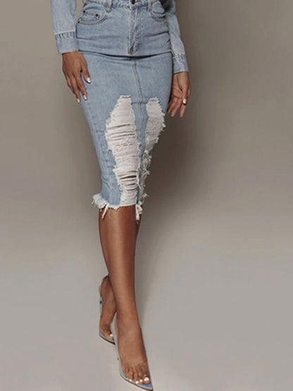 Distressed Slit Denim Skirt-Teresa&#39;s Fashionista LLC