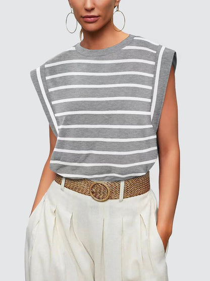 Striped Round Neck Cap Sleeve T-Shirt-Teresa&#39;s Fashionista LLC