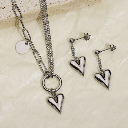 Titanium Steel Heart Necklace and Drop Earrings Jewelry Set-Teresa&#39;s Fashionista LLC