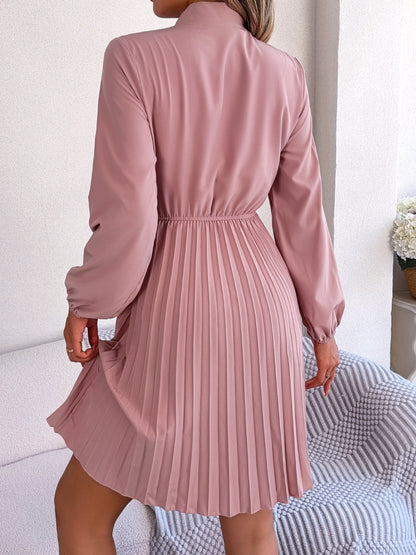 Tie Neck Balloon Sleeve Pleated Dress-Teresa&#39;s Fashionista LLC