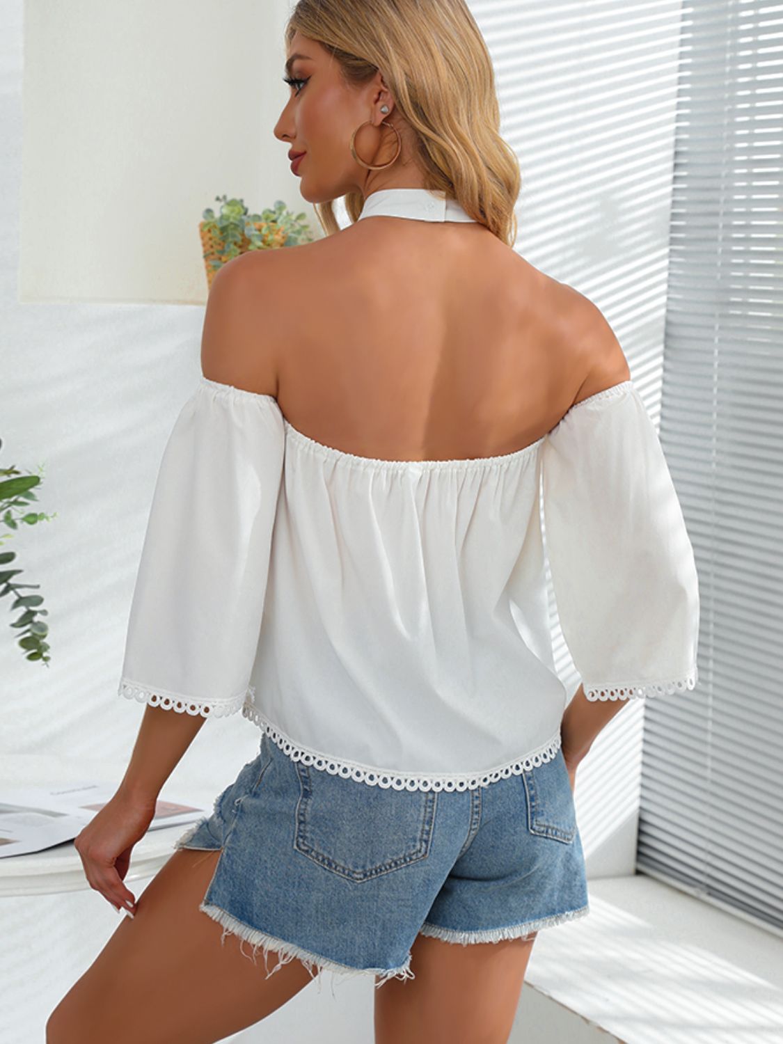 Crochet Halter Neck Cold-Shoulder Blouse-Teresa&#39;s Fashionista LLC