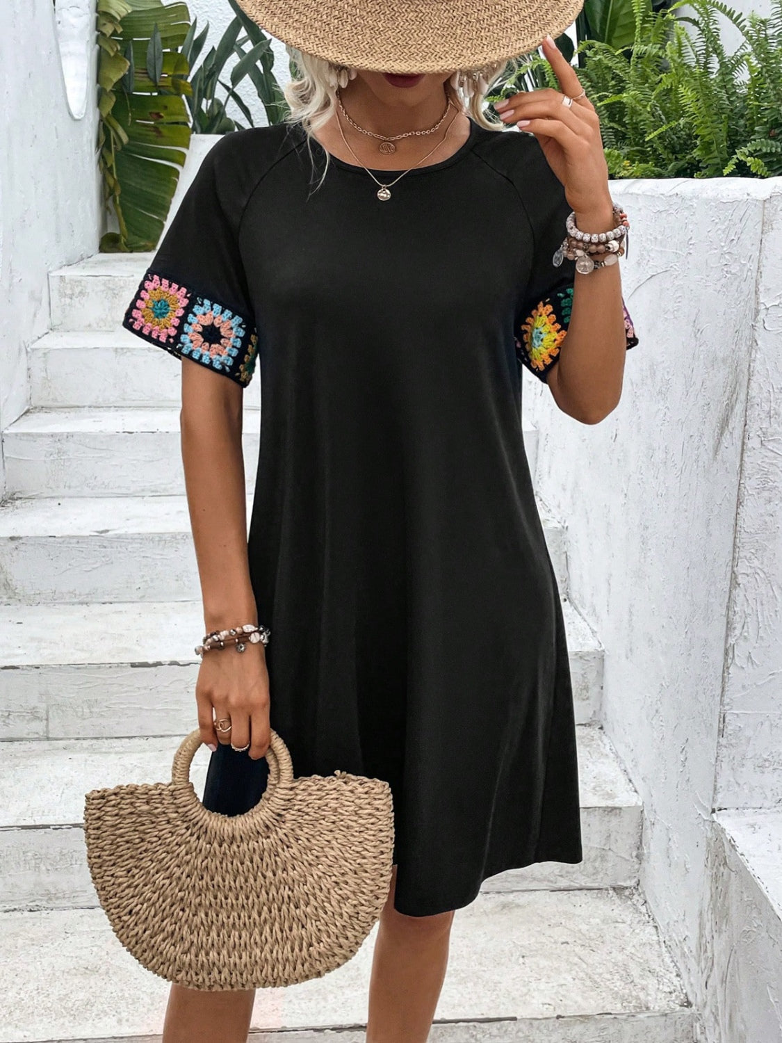 Embroidered Round Neck Short Sleeve Dress-Teresa&#39;s Fashionista LLC