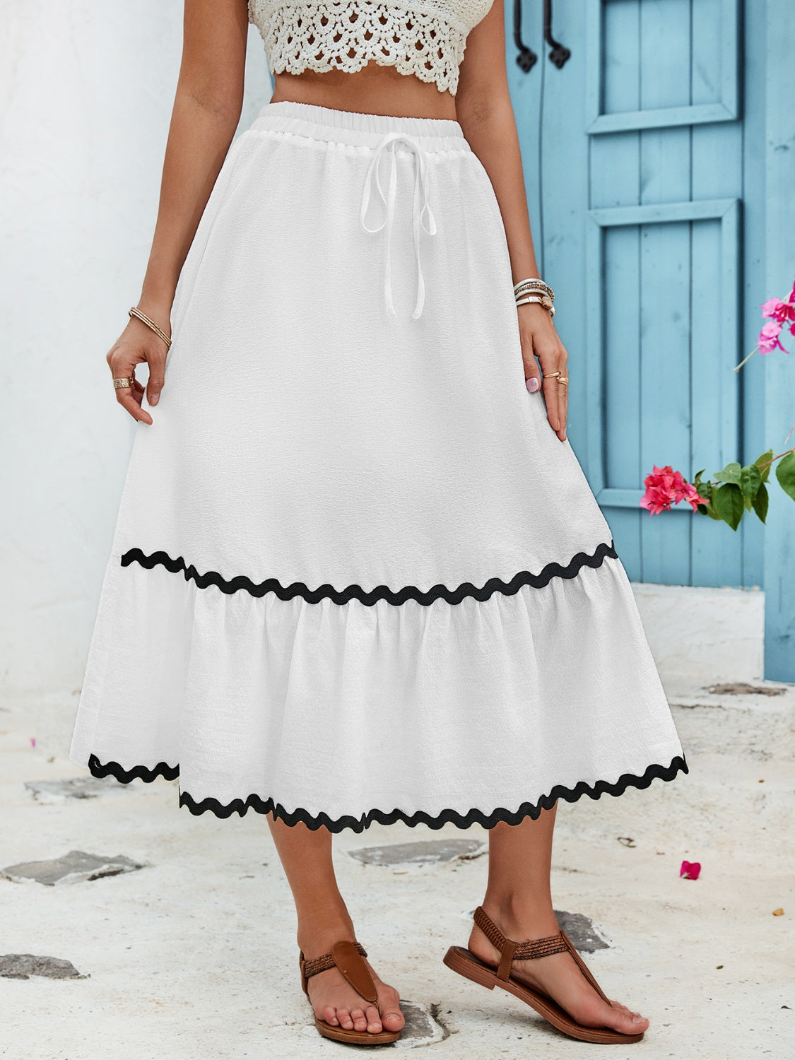 Tied Contrast Trim High Waist Skirt-Teresa&#39;s Fashionista LLC