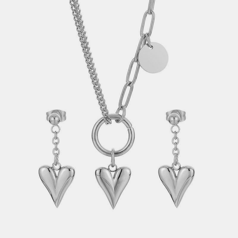 Titanium Steel Heart Necklace and Drop Earrings Jewelry Set-Teresa&#39;s Fashionista LLC