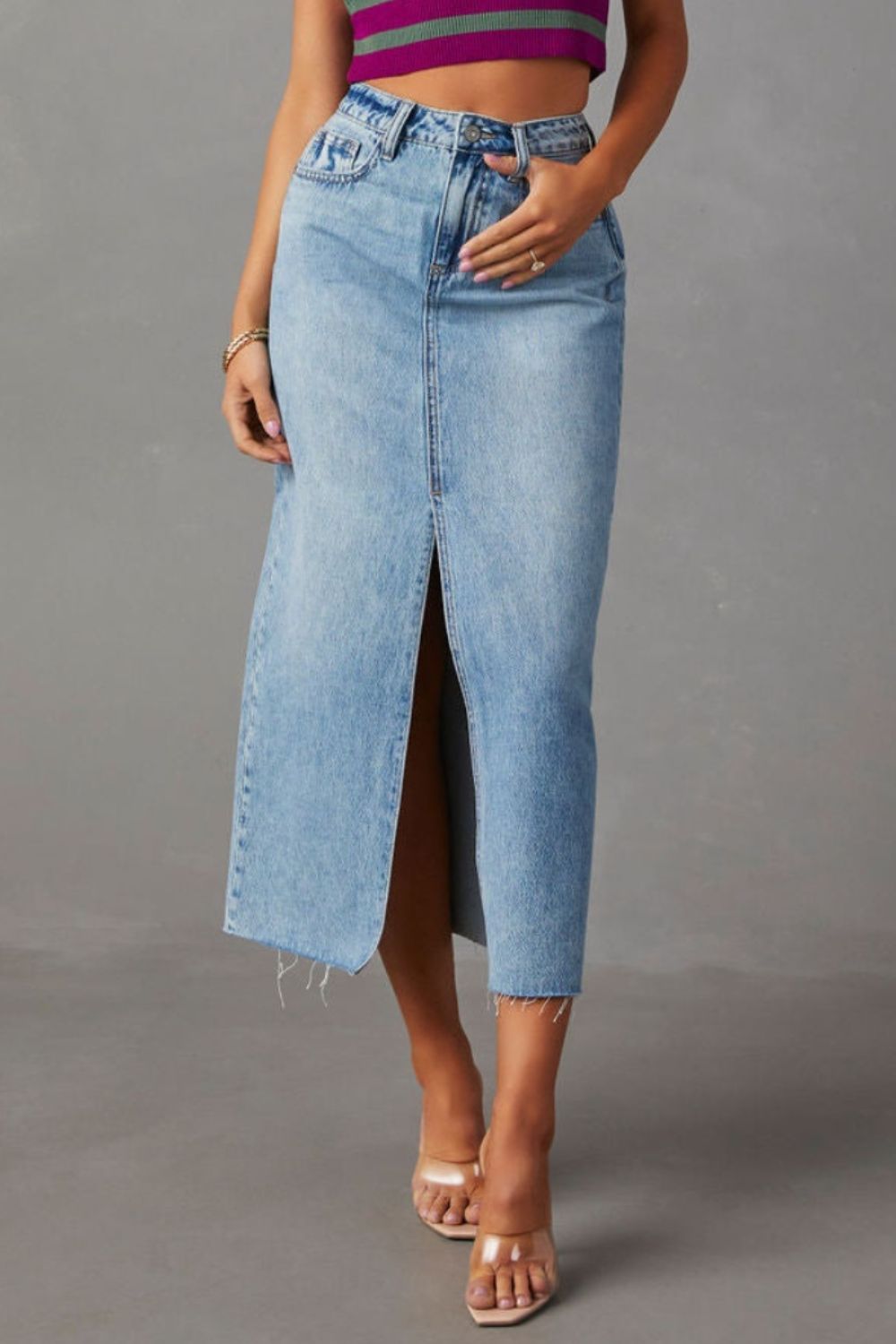 Slit Raw Hem Midi Denim Skirt-Teresa&#39;s Fashionista LLC