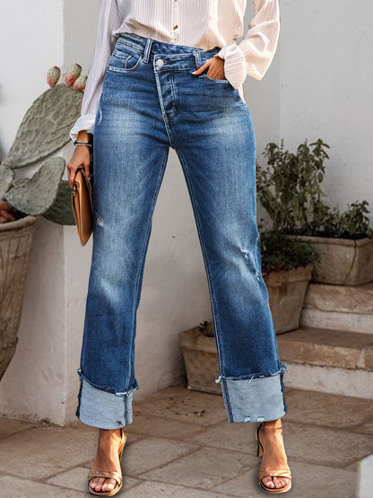 Stepped Waist Raw Hem Rolled Straight Jeans-Teresa&#39;s Fashionista LLC