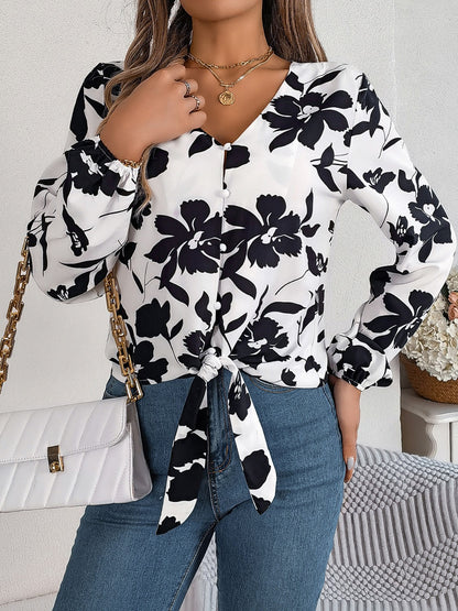 Printed V-Neck Long Sleeve Blouse-Teresa&#39;s Fashionista LLC