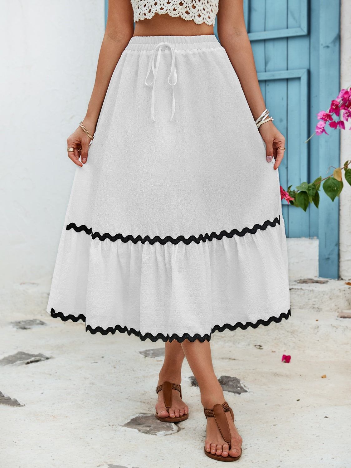 Tied Contrast Trim High Waist Skirt-Teresa&#39;s Fashionista LLC