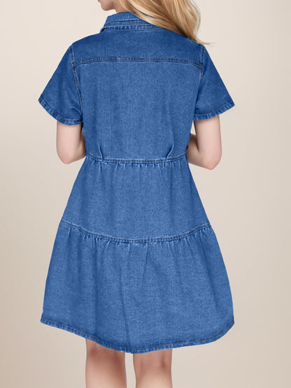 Button Up Short Sleeve Denim Dress-Teresa&#39;s Fashionista LLC