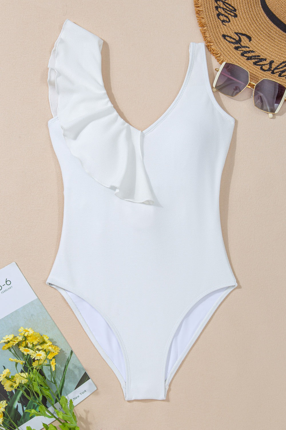 Ruffled V-Neck Wide Strap One-Piece Swimwear-Teresa&#39;s Fashionista LLC