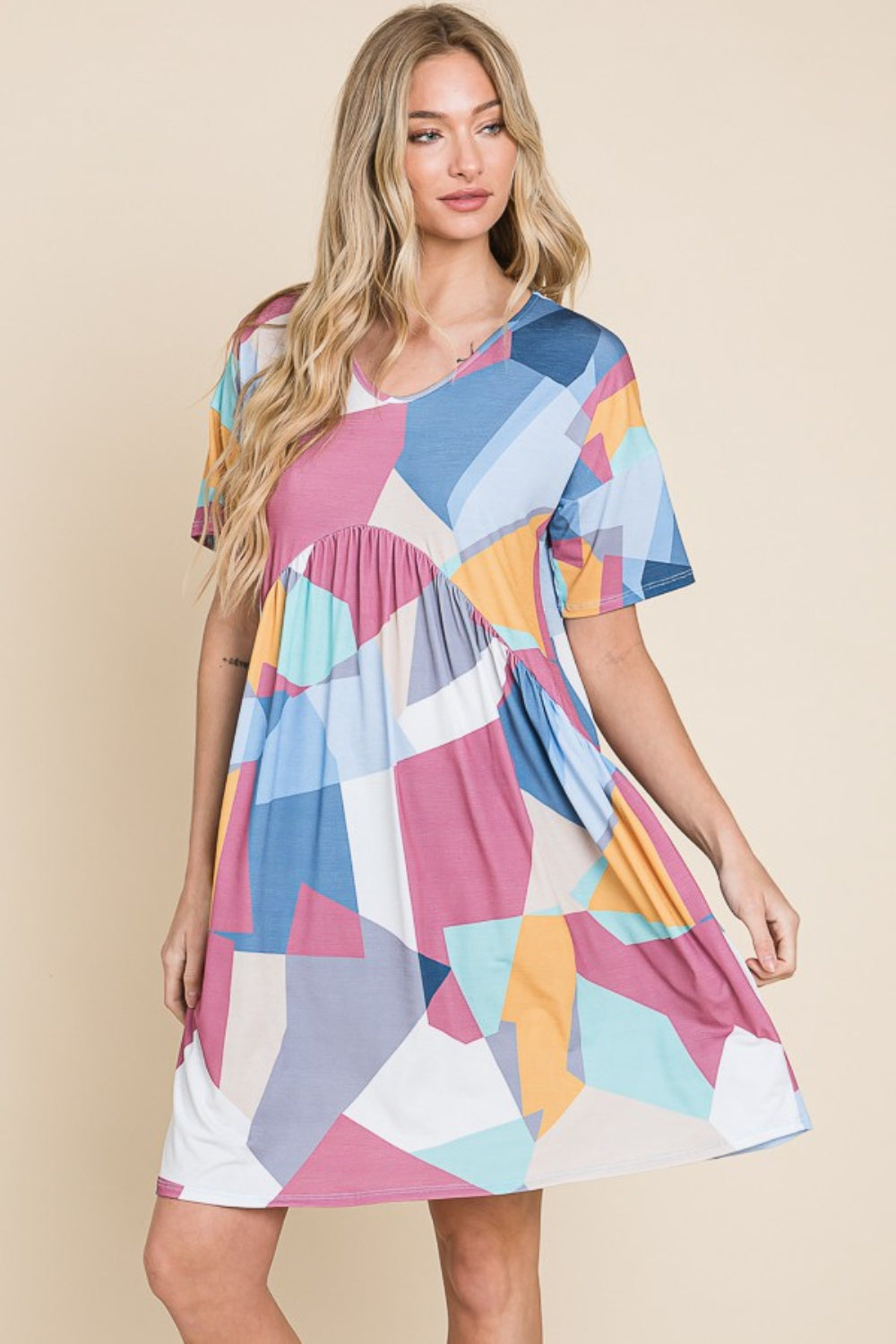 BOMBOM Ruched Color Block Short Sleeve Dress-Teresa&#39;s Fashionista LLC