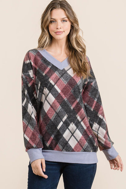 Celeste Plaid V-Neck Long Sleeve T-Shirt