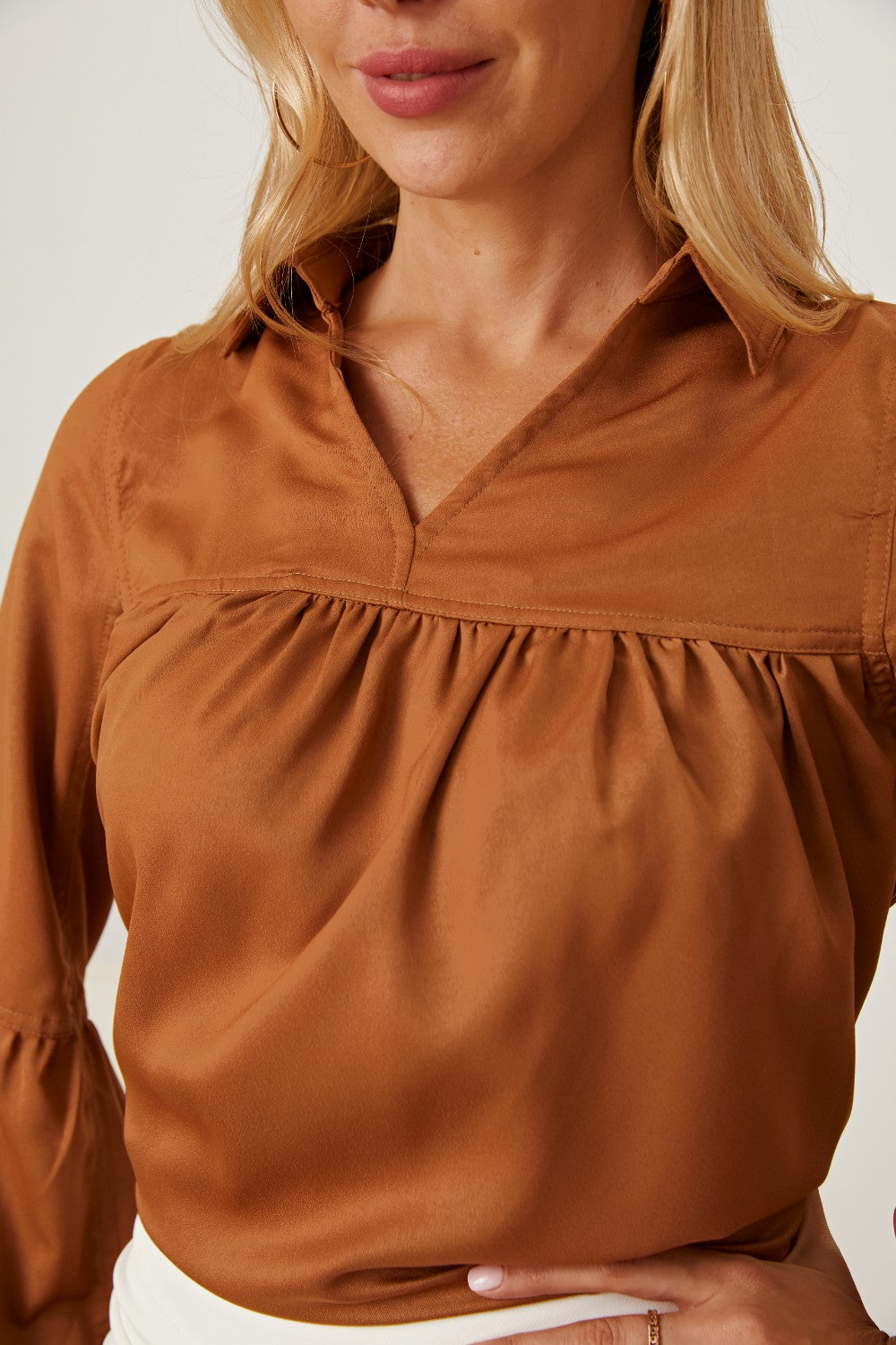 Balloon Sleeve Collared Neck Blouse-Teresa&#39;s Fashionista LLC