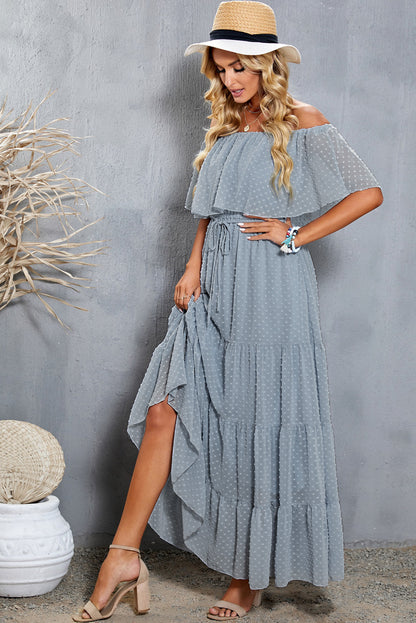 Swiss Dot Off-Shoulder Tiered Maxi Dress-Teresa&#39;s Fashionista LLC