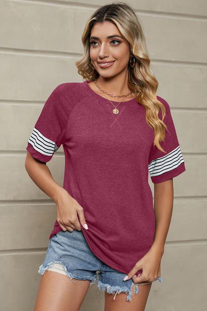 Striped Round Neck Short Sleeve T-Shirt-Teresa&#39;s Fashionista LLC