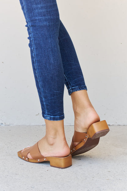 Weeboo Step Into Summer Criss Cross Wooden Clog Mule in Brown-Teresa&#39;s Fashionista LLC