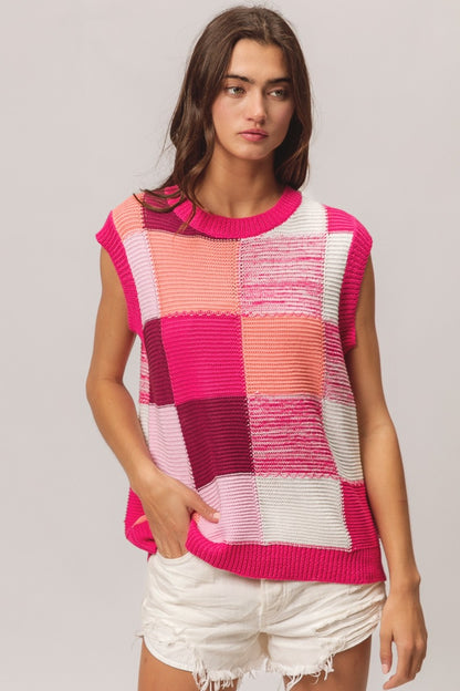 BiBi Color Block Round Neck Sweater Vest-Teresa&#39;s Fashionista LLC