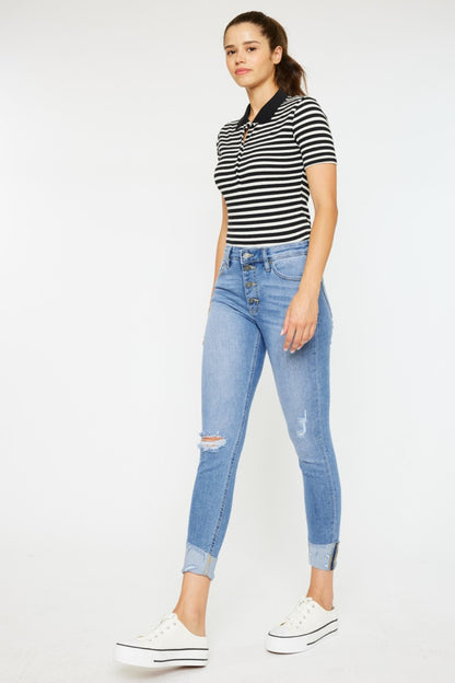 Kancan Distressed Cat's Whiskers Button Fly Jeans-Teresa&#39;s Fashionista LLC