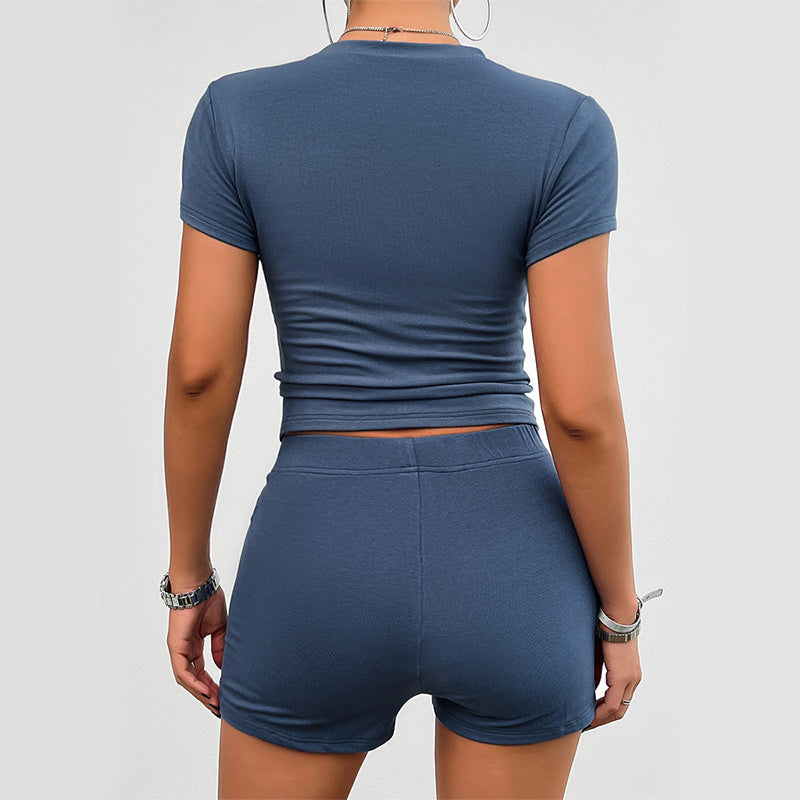 Solid Color Slim Sports Suit Summer 2Pcs Short-sleeved Round Neck T-shirt And Elastic Shorts Fashion Womens Clothing-Teresa&#39;s Fashionista LLC