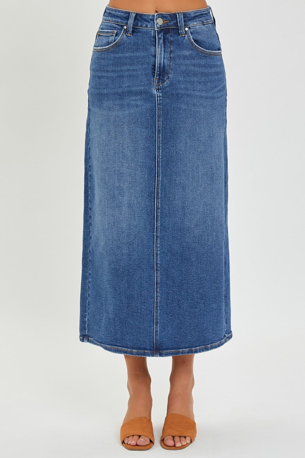 RISEN High Rise Back Slit Denim Skirt-Teresa&#39;s Fashionista LLC