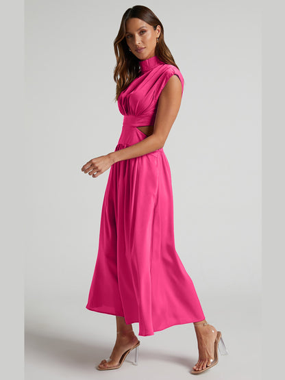 Cutout Mock Neck Sleeveless Ruched Dress-Teresa&#39;s Fashionista LLC