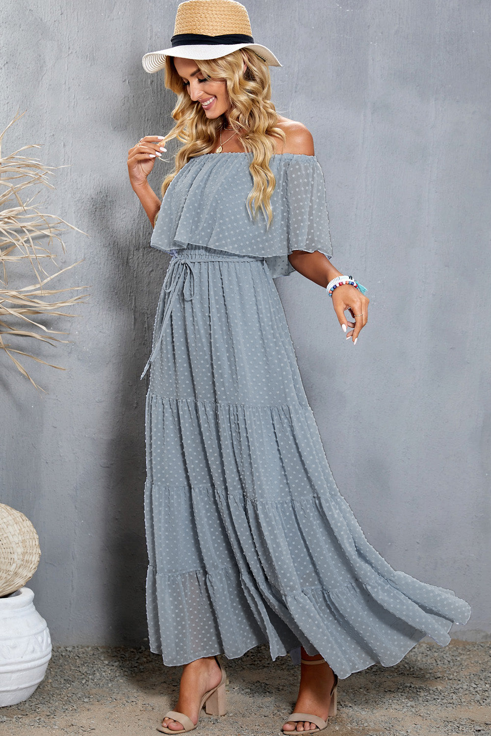 Swiss Dot Off-Shoulder Tiered Maxi Dress-Teresa&#39;s Fashionista LLC