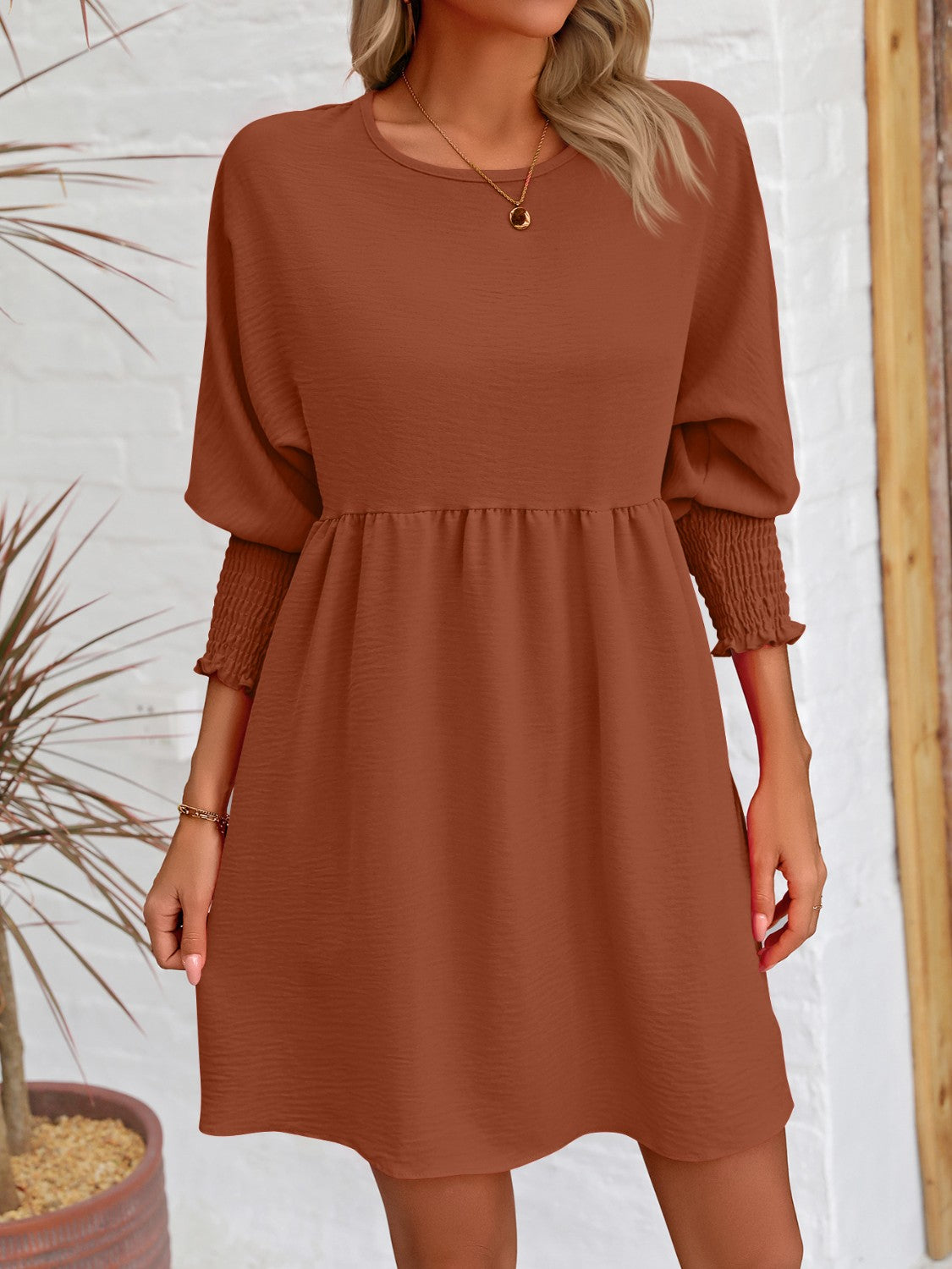 Round Neck Lantern Sleeve Mini Dress-Teresa&#39;s Fashionista LLC