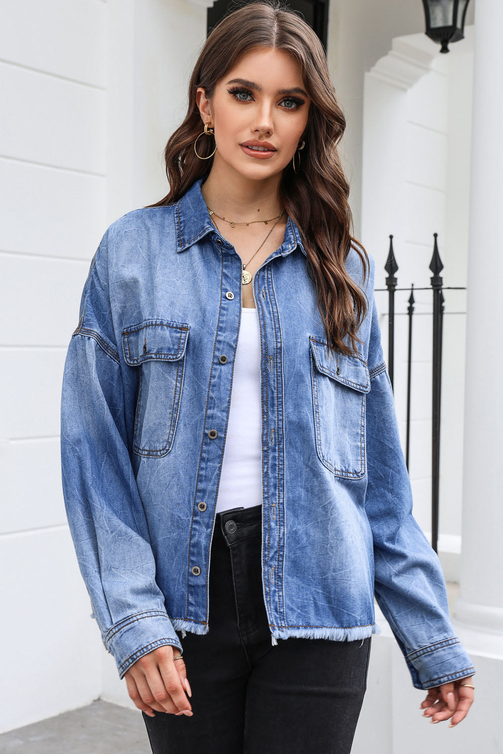 Raw Hem Pocketed Collared Neck Denim Jacket-Teresa&#39;s Fashionista LLC