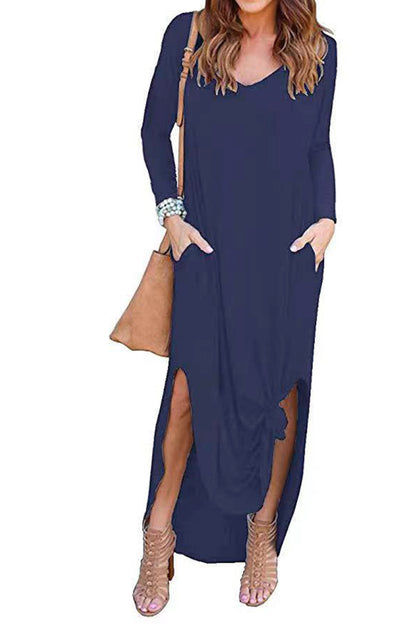 Split Long Sleeve V-Neck Maxi Dress-Teresa&#39;s Fashionista LLC