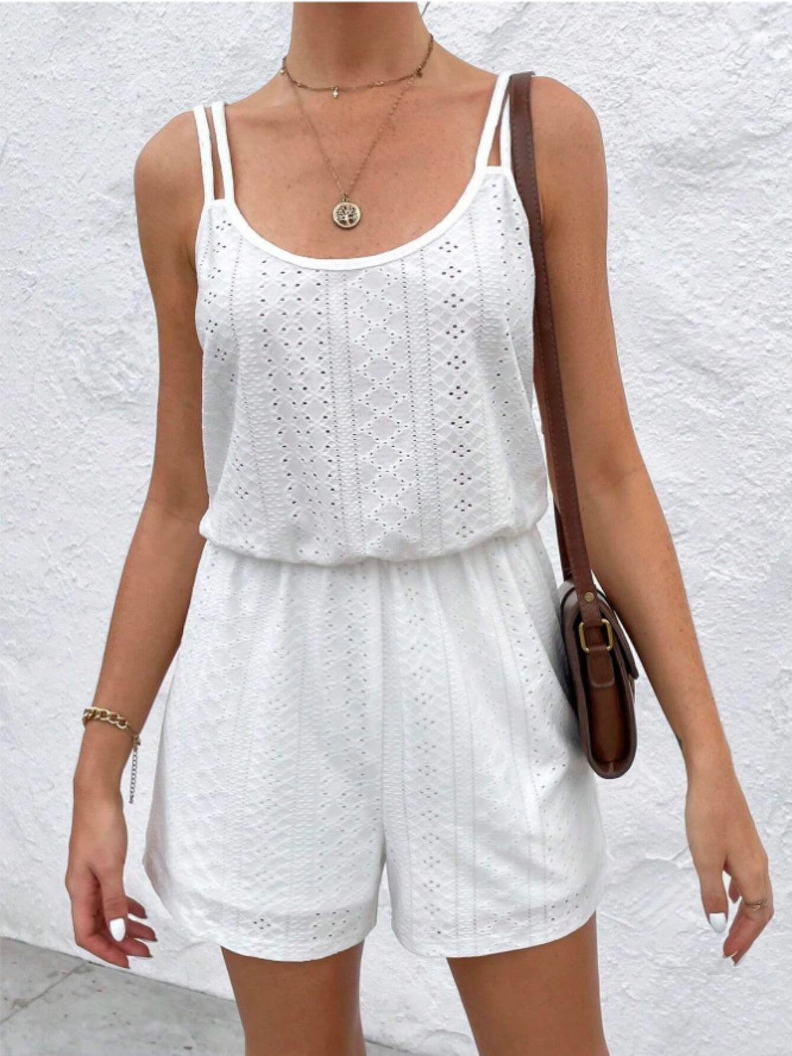 Eyelet Scoop Neck Double Spaghetti Straps Romper-Teresa&#39;s Fashionista LLC