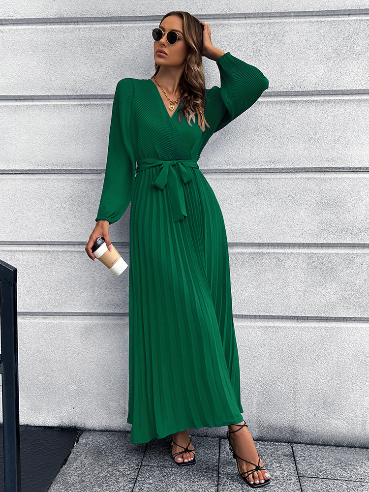 V-Neck Tie Waist Pleated Maxi Dress-Teresa&#39;s Fashionista LLC