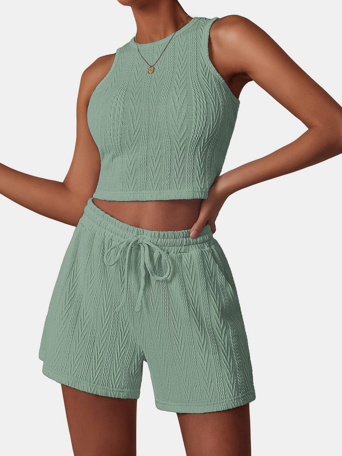 Textured Round Neck Top and Shorts Set-Teresa&#39;s Fashionista LLC