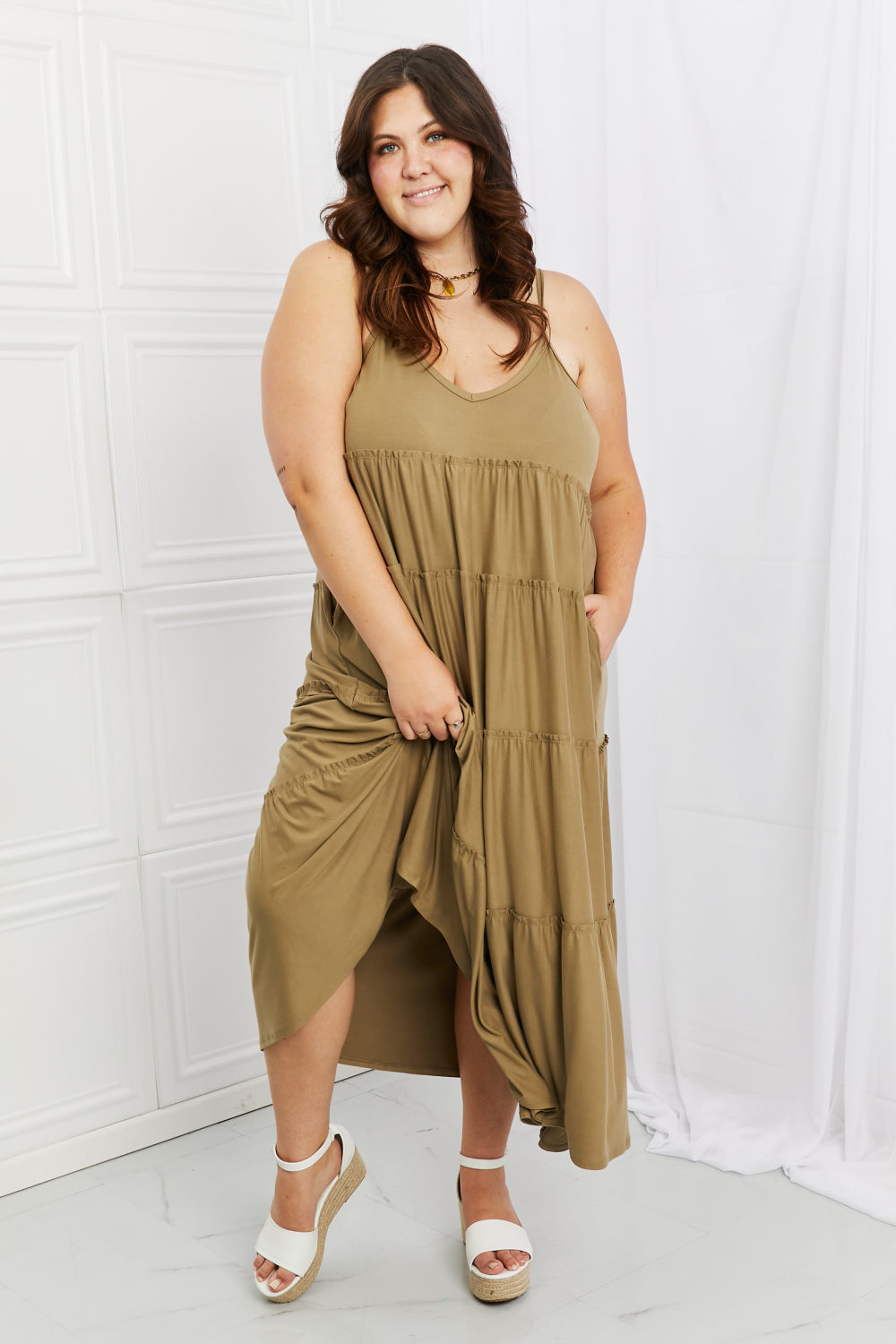 Zenana Full Size Spaghetti Strap Tiered Dress with Pockets in Khaki-Teresa&#39;s Fashionista LLC