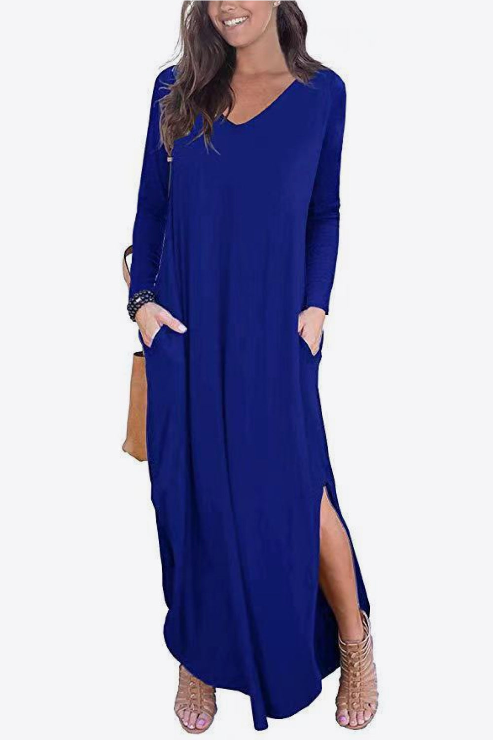 Split Long Sleeve V-Neck Maxi Dress-Teresa&#39;s Fashionista LLC