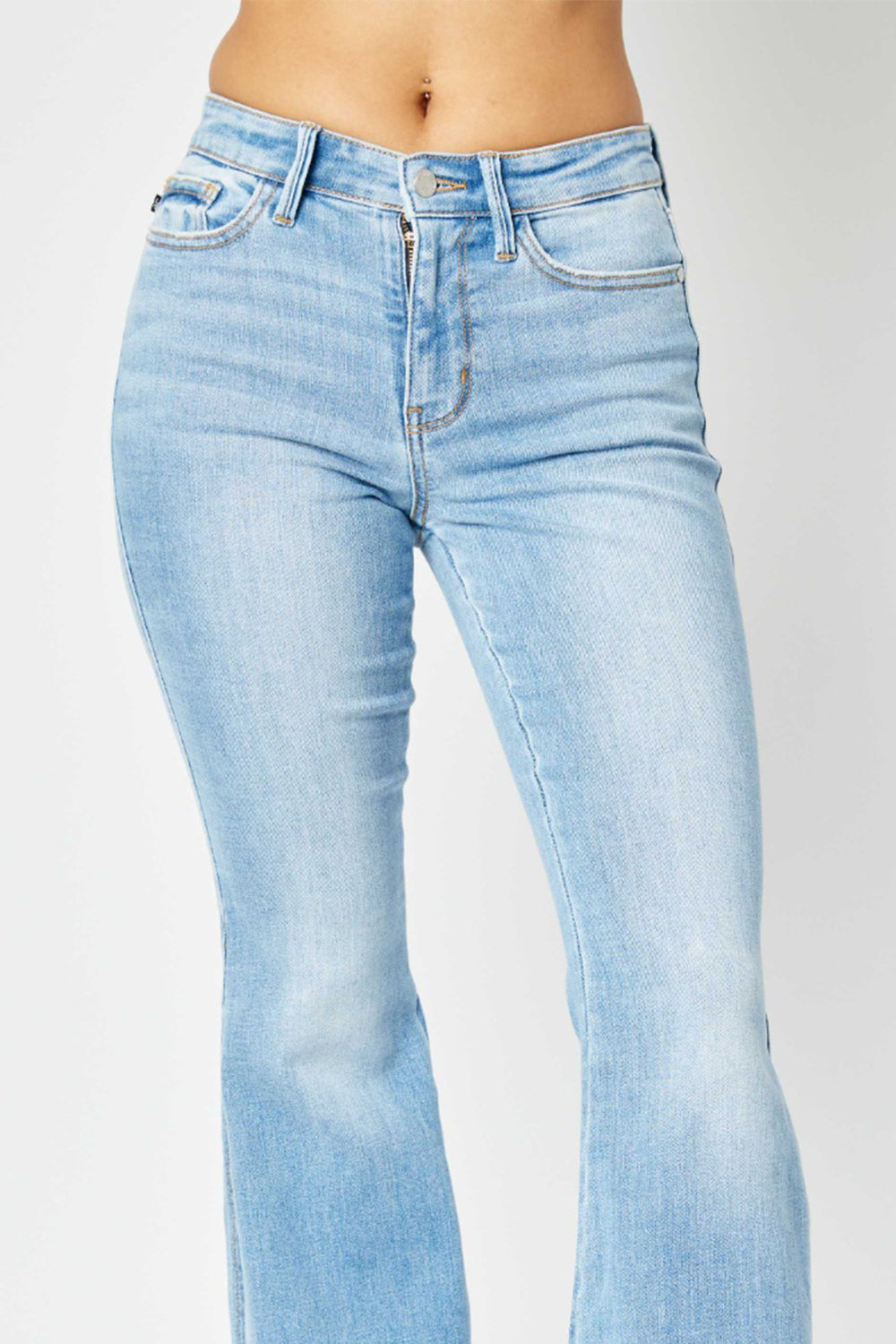 Judy Blue Full Size Mid Rise Raw Hem Slit Flare Jeans-Teresa&#39;s Fashionista LLC