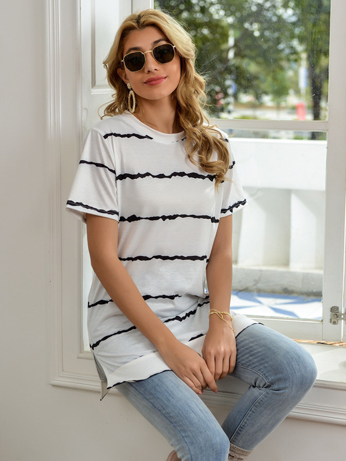 Striped Round Neck Short Sleeve T-Shirt-Teresa&#39;s Fashionista LLC