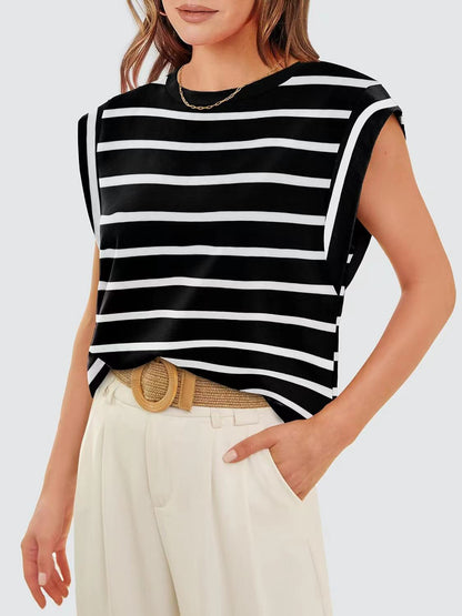 Striped Round Neck Cap Sleeve T-Shirt-Teresa&#39;s Fashionista LLC