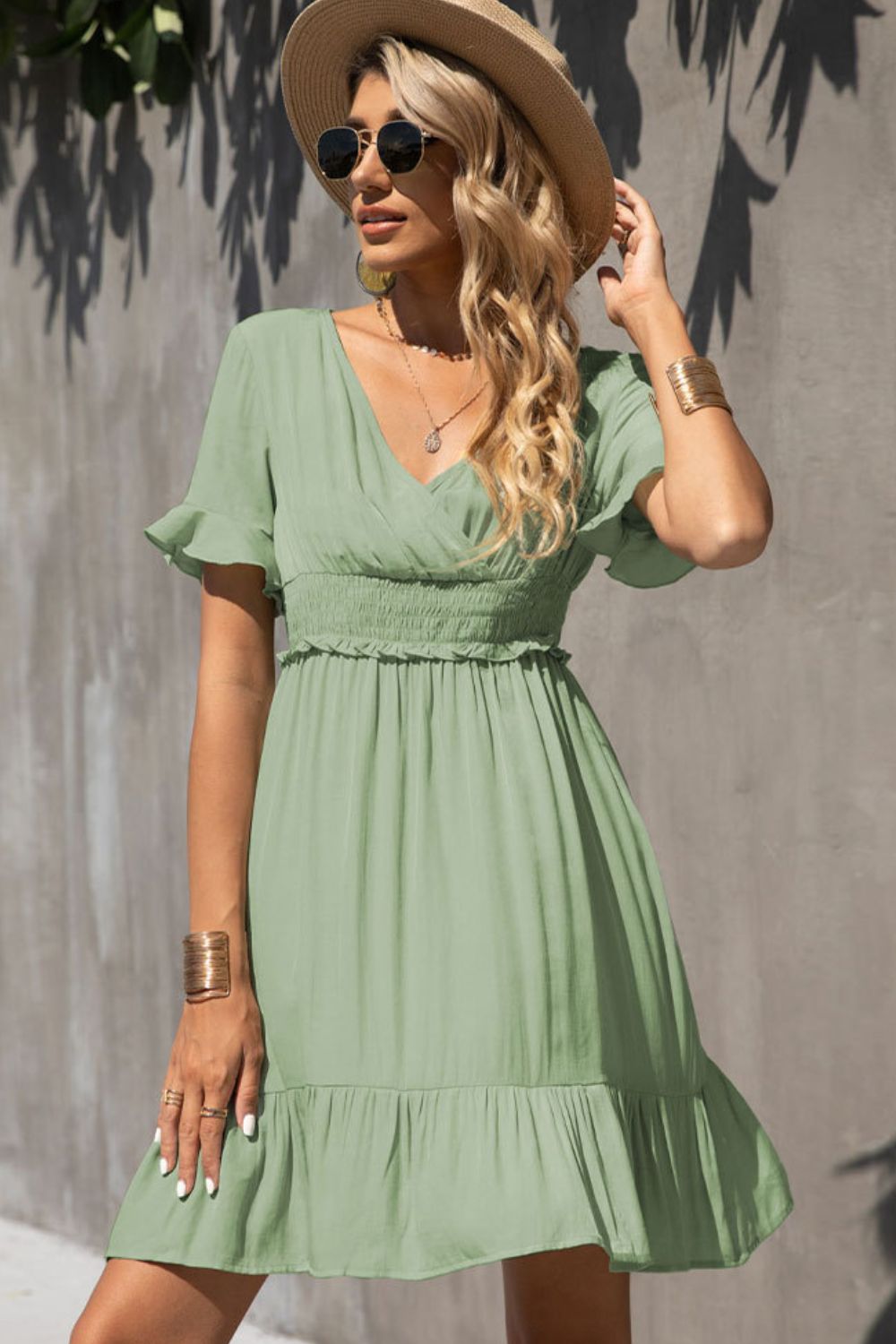 Smocked Waist Flounce Sleeve Ruffle Hem Dress-Teresa&#39;s Fashionista LLC