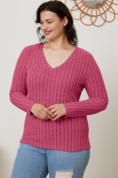 Basic Bae Full Size Ribbed V-Neck Long Sleeve T-Shirt-Teresa&#39;s Fashionista LLC