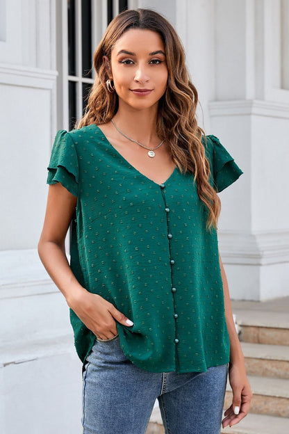 Swiss Dot Layered Flutter Sleeve Shirt-Teresa&#39;s Fashionista LLC