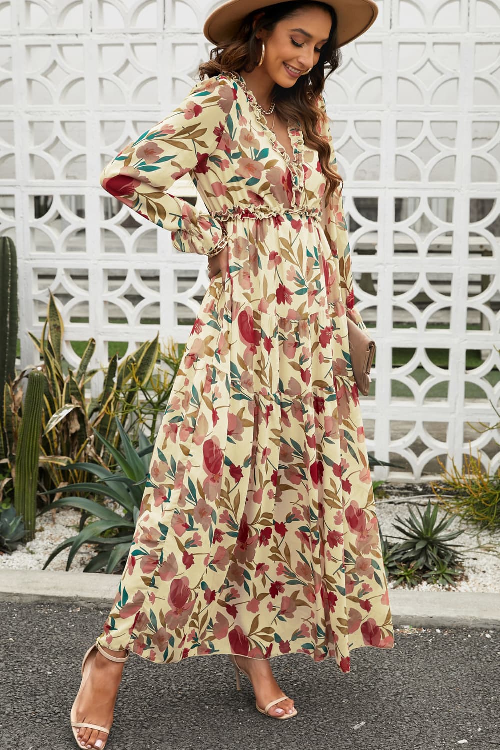 Floral Frill Trim Flounce Sleeve Plunge Maxi Dress-Teresa&#39;s Fashionista LLC