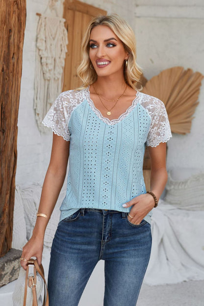 Eyelet V-Neck Lace Short Sleeve T-Shirt-Teresa&#39;s Fashionista LLC