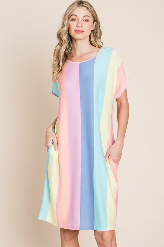 BOMBOM Striped Short Sleeve Dress with Pockets - Teresa's Fashionista LLC