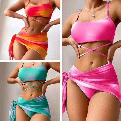 3pcs Tie Dye Print Bikini With Short Skirt Summer Beach Sexy Swimwear Womens Clothing-Teresa&#39;s Fashionista LLC