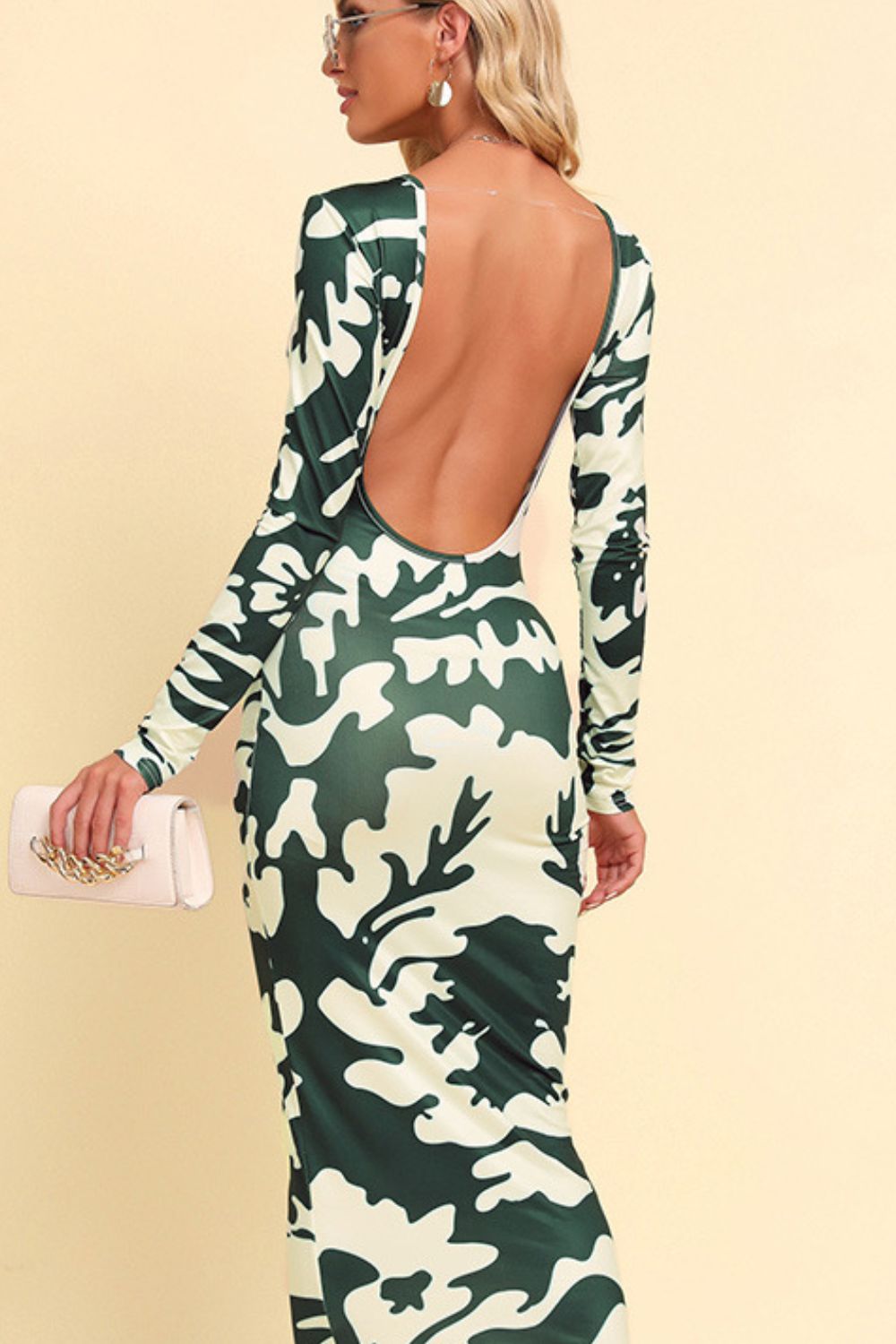 Printed Backless Long Sleeve Maxi Dress-Teresa&#39;s Fashionista LLC