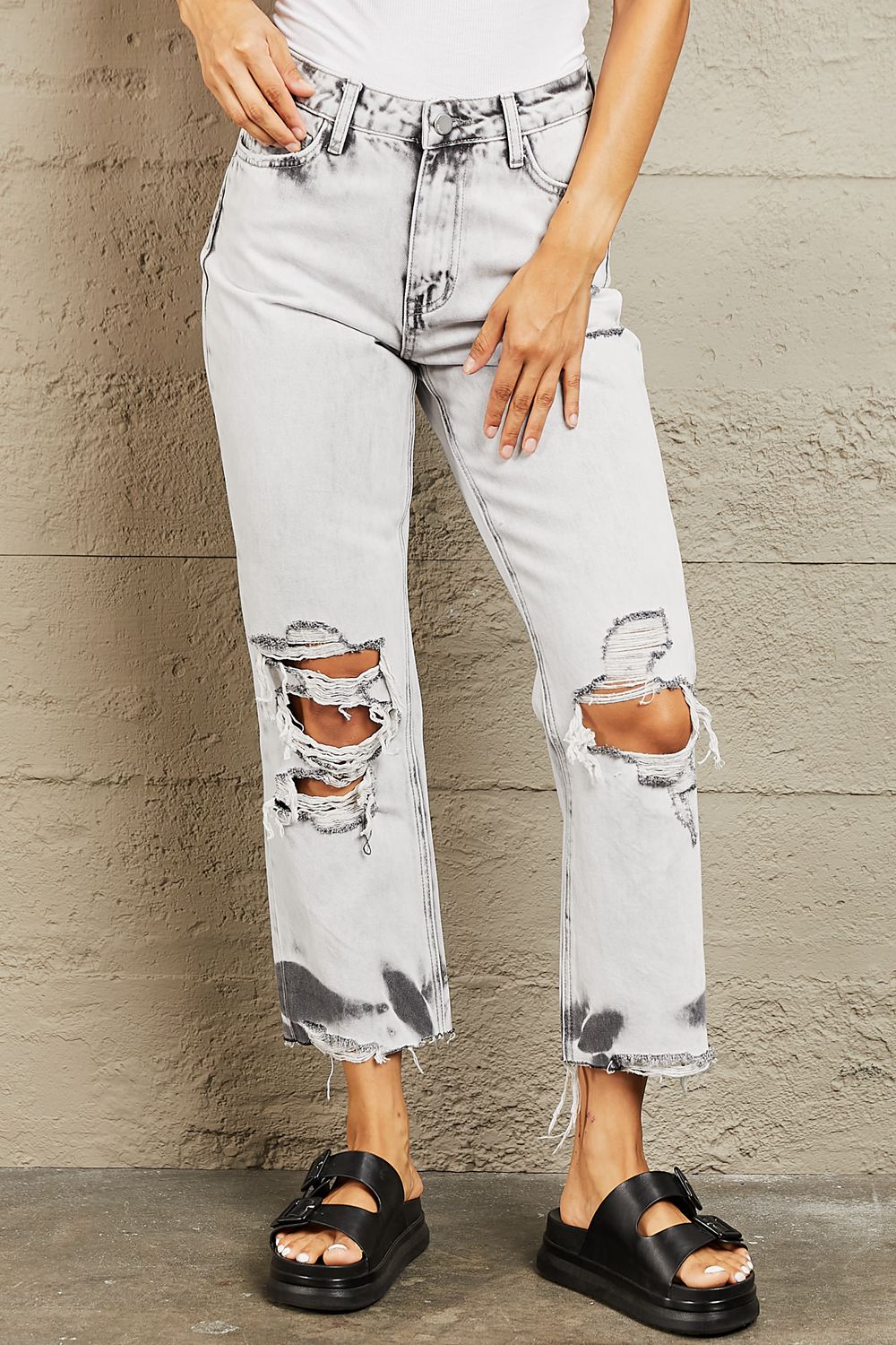 BAYEAS Acid Wash Accent Cropped Mom Jeans-Teresa&#39;s Fashionista LLC