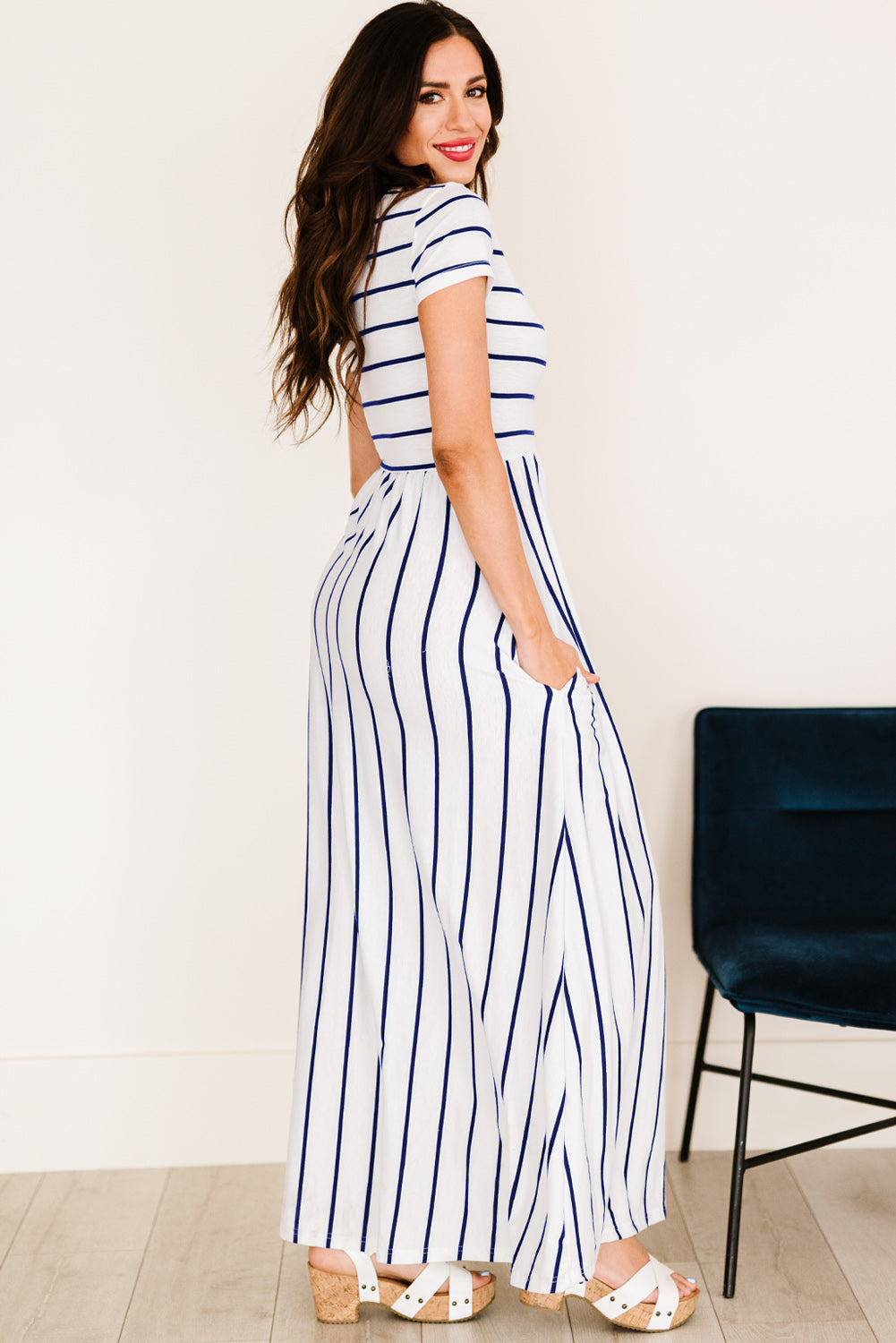 Striped Short Sleeve Crewneck Maxi Dress-Teresa&#39;s Fashionista LLC