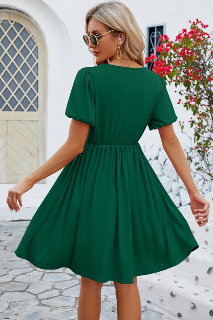 V-Neck Balloon Short Sleeve Dress-Teresa&#39;s Fashionista LLC