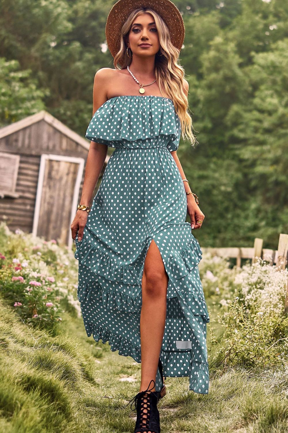 Polka Dot Strapless Slit Ruffled Maxi Dress-Teresa&#39;s Fashionista LLC